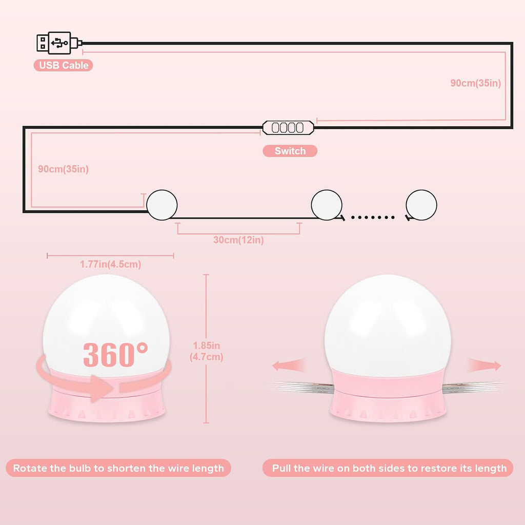 LED Vanity Lights For Mirror, Pink Vanity Light Stick on with 10 Bulbs