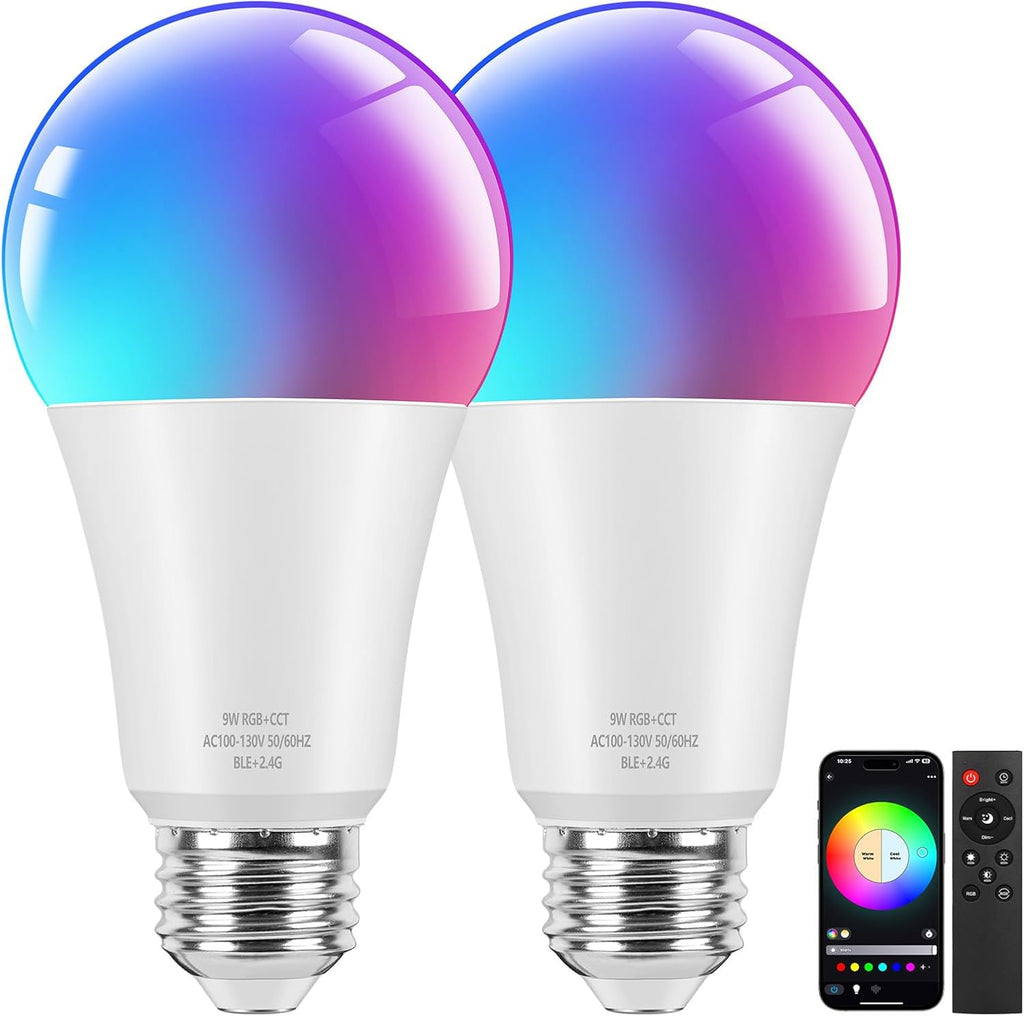 Smart A19 LED Light Bulbs, 60W Equivalent 800LM Color Changing E26 9W Bluetooth Light Bulbs with Remote Control, 16