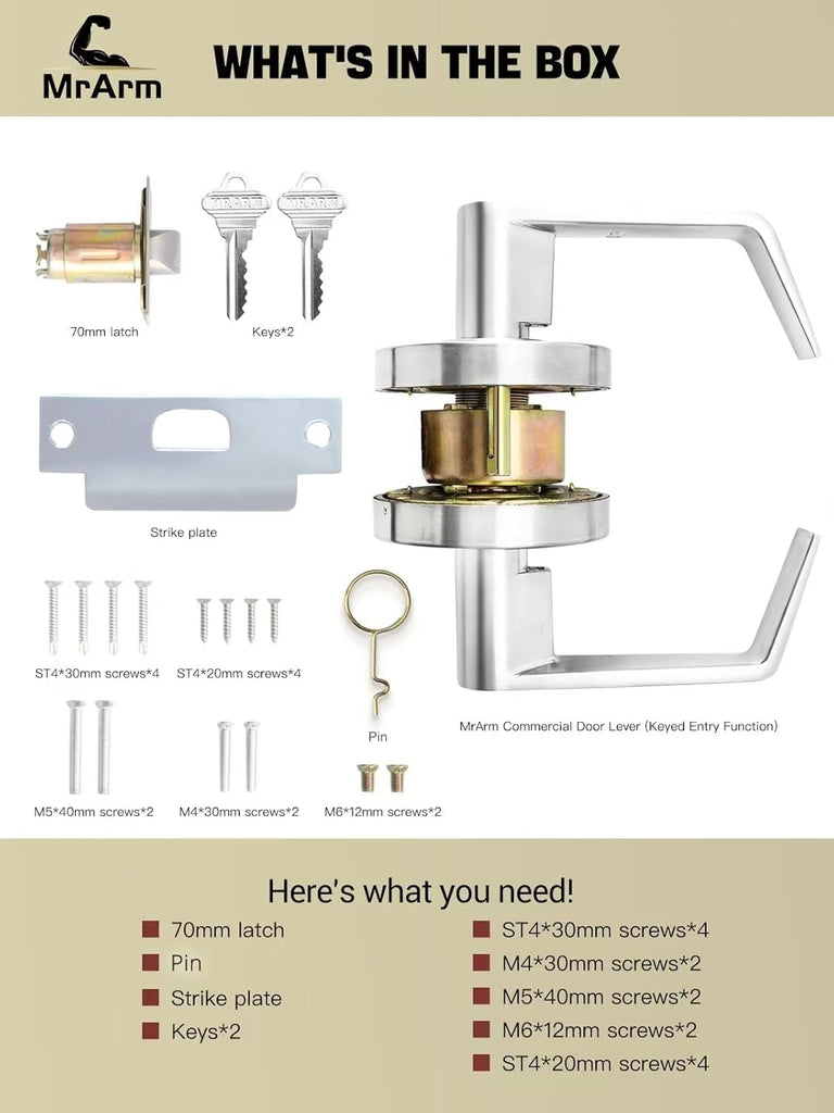 Commercial Door Lever Lock, Heavy-Duty Locking Door Handle, Designer Door Handles, Cylindrical Lever Lock, Non-Handed