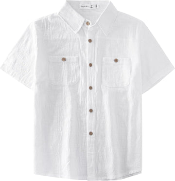 Boys Button Down Shirt Short Sleeve Linen Feel Casual Dress Shirt