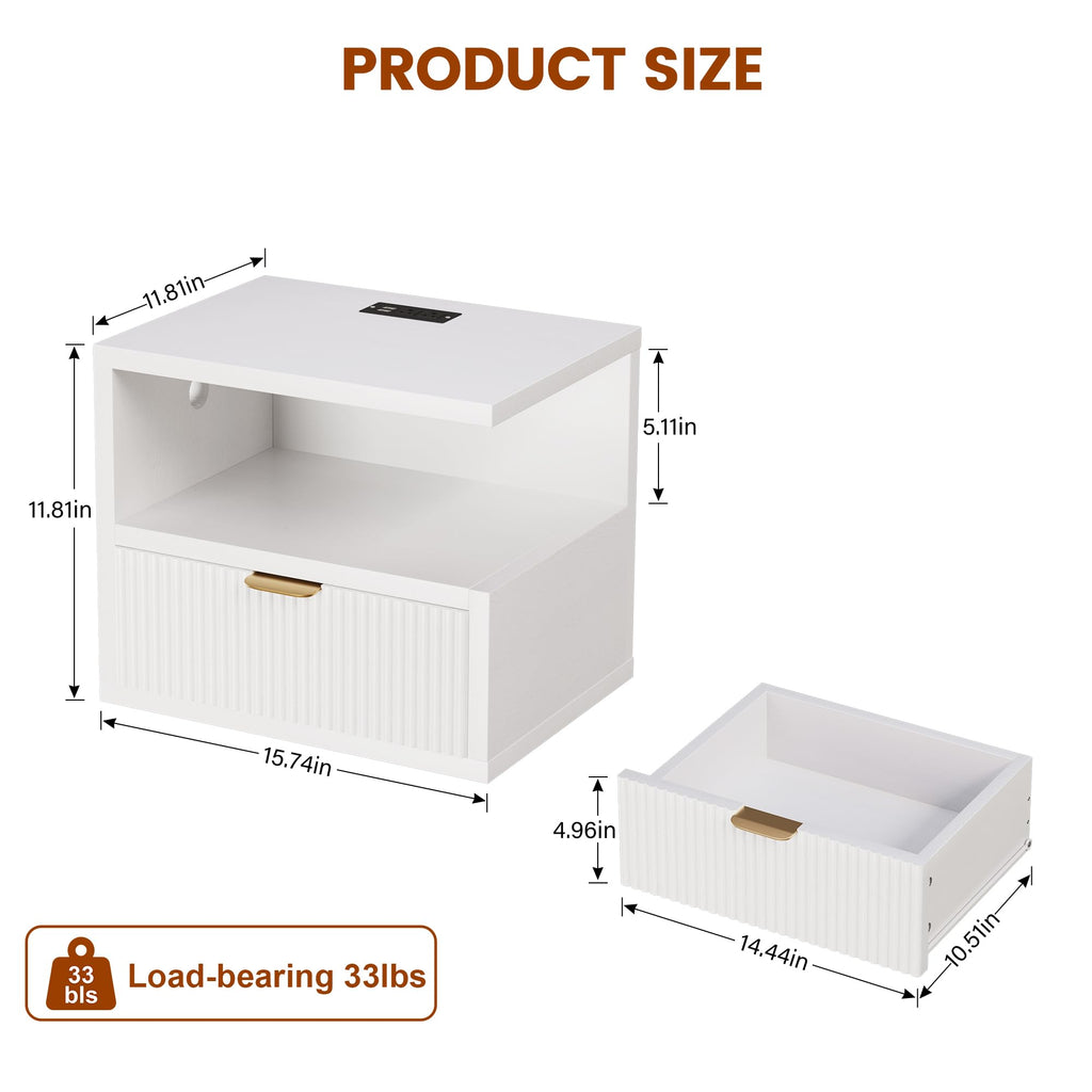Floating Nightstand with Charging Station, LED Lights and Drawer