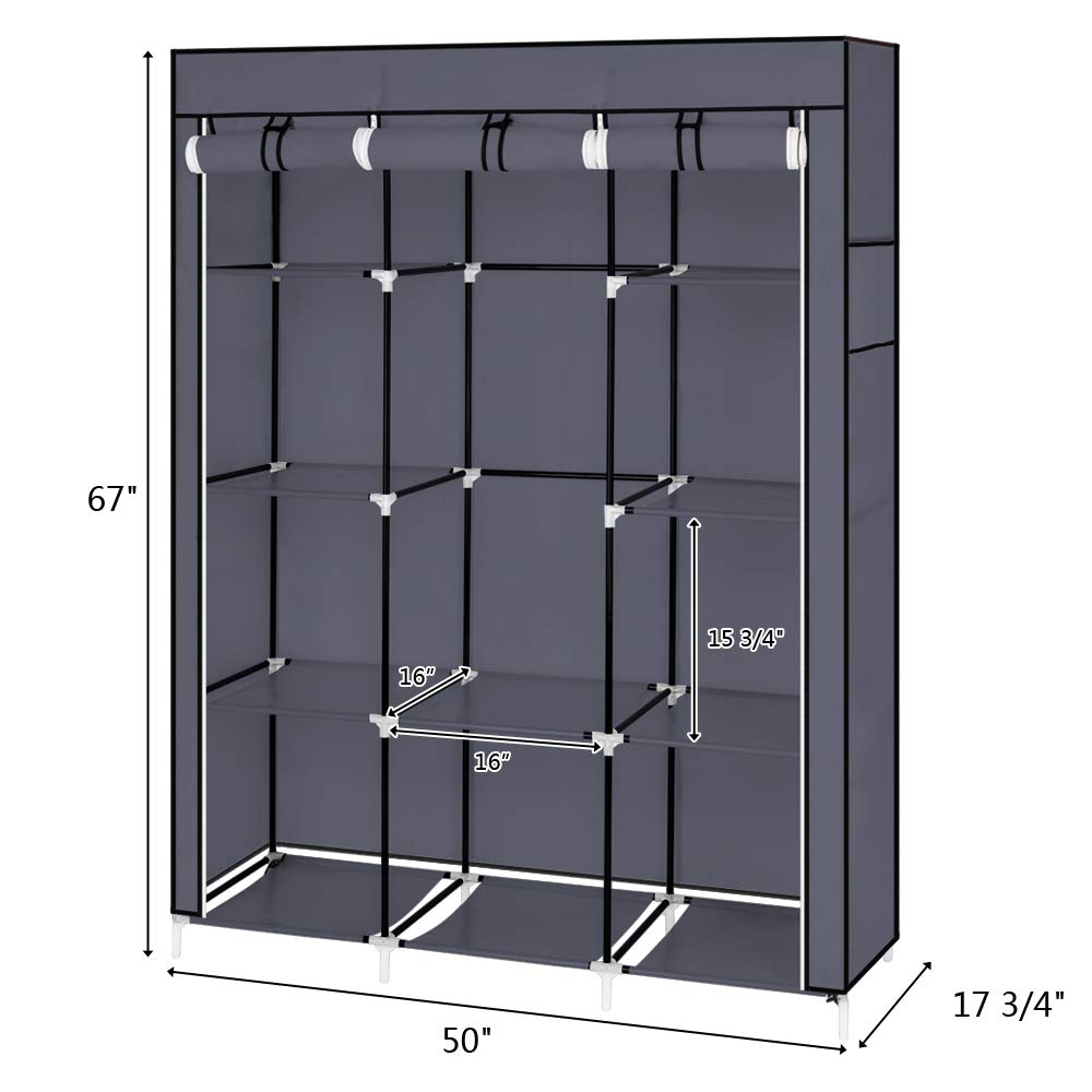 Portable Closets Freestanding Closet Organizer Clothes Wardrobe Garment Rack Dustproof Non-Woven Cover with Storage