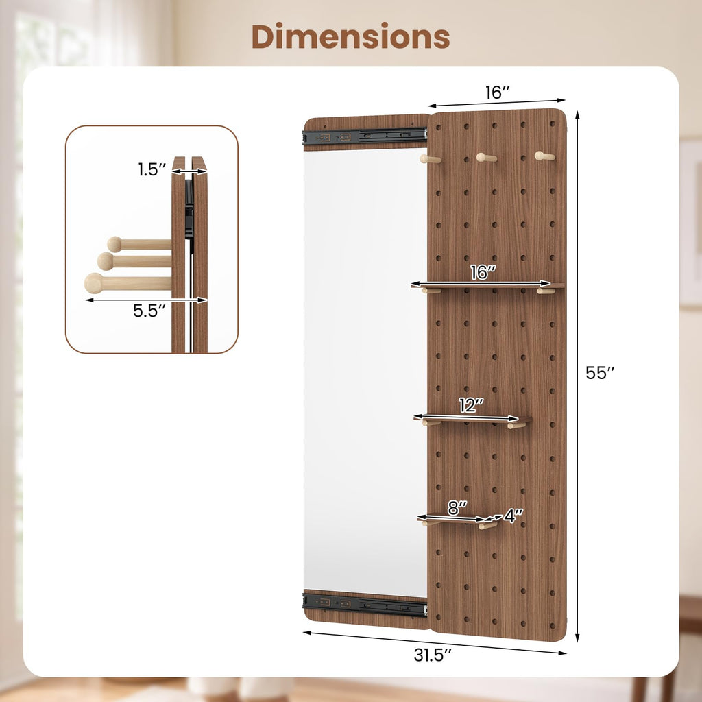 Full Length Mirror with A Pegboard, Shelf & Hooks for Storage,Walnut