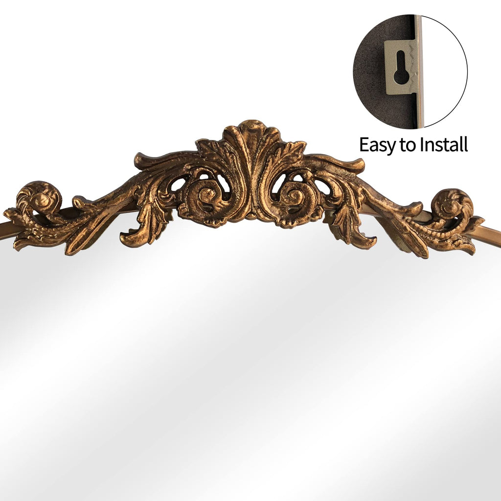 Gold Arched Mirror, Baroque Brass Fireplace Mirror Decor, Victorian Vintage Mirrors with Full Matel Frame, Ornate