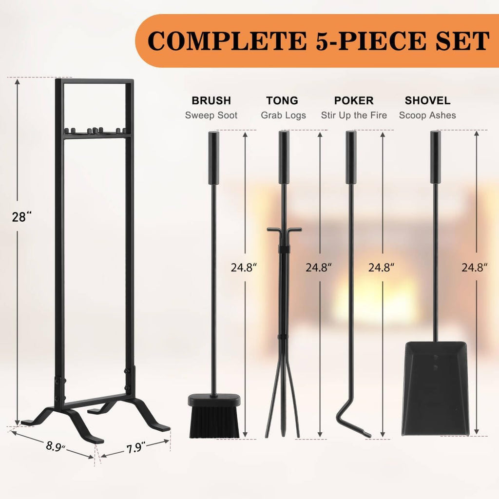 Premium 5 Pcs Wrought Iron Fireplace Tools Set for Outdoor/Indoor, Fire Place Set Tools Include Poker, Tongs