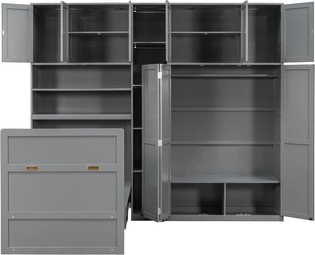 Twin Murphy Bed with Storage & LED Lights, Foldable Wall Bed Cabinet with Shelves, Cabinet & Wardrobe, Space-Saving