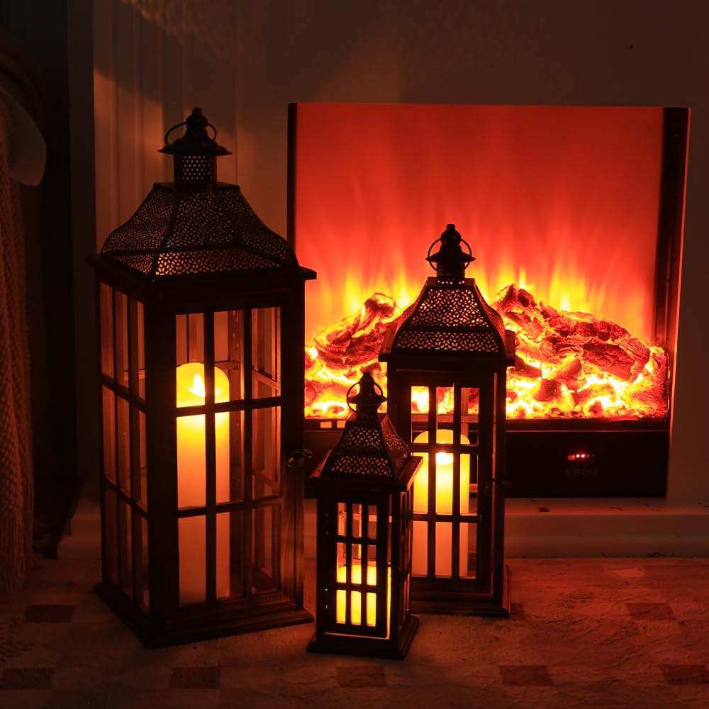 Large Farmhouse Wooden Metal Lantern Set of 3, 27''/22''/15'' H Rustic Decorative Indoor & Outdoor Hanging Candle