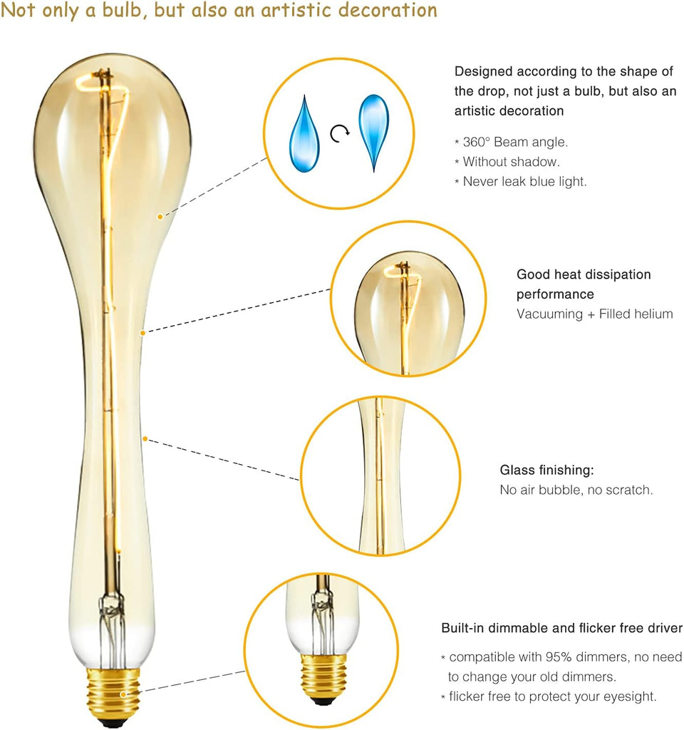 Decorative Oversized Edison Light Bulbs with E26 Base, Amber Glass, 4W Warm White 2200K, Dimmable, Large Led Filament