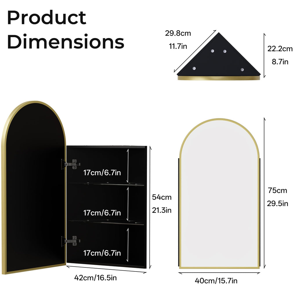 LED Corner Medicine Cabinet with Mirror, One-Touch Defogger, Arched Wall Mount Corner Bathroom Mirrored Cabinets