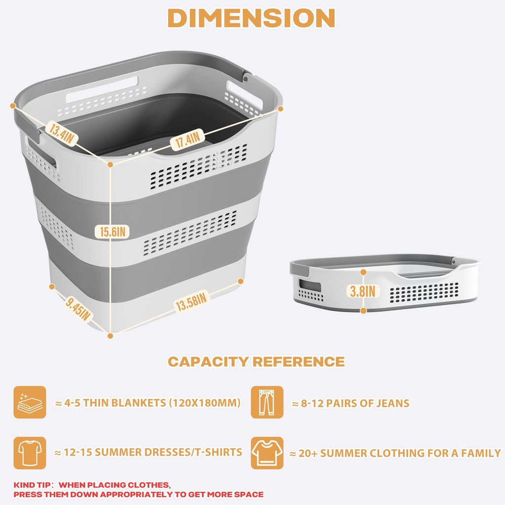 43L+43L Collapsible Laundry Baskets plastic (Grey, 2 Packs)