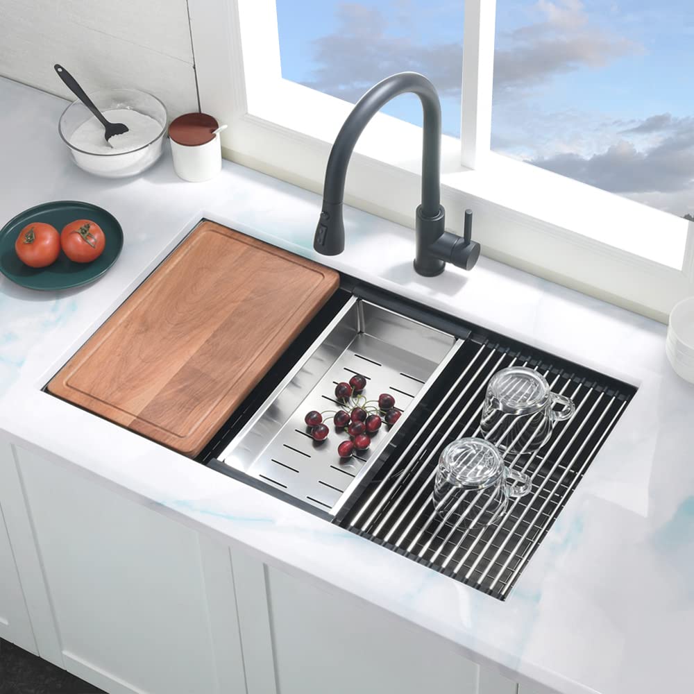 30 Inch Undermount Kitchen Sink Black Stainless Steel Deep Commercial 16 Gauge Single Bowl Undermount Workstation Sink