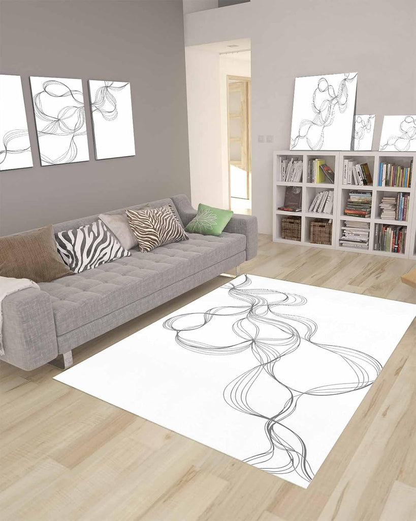 Abstract Minimalist Line on White Area Rug, Living Room & Bedroom Decor, Modern Art Plush Carpet 36x60in