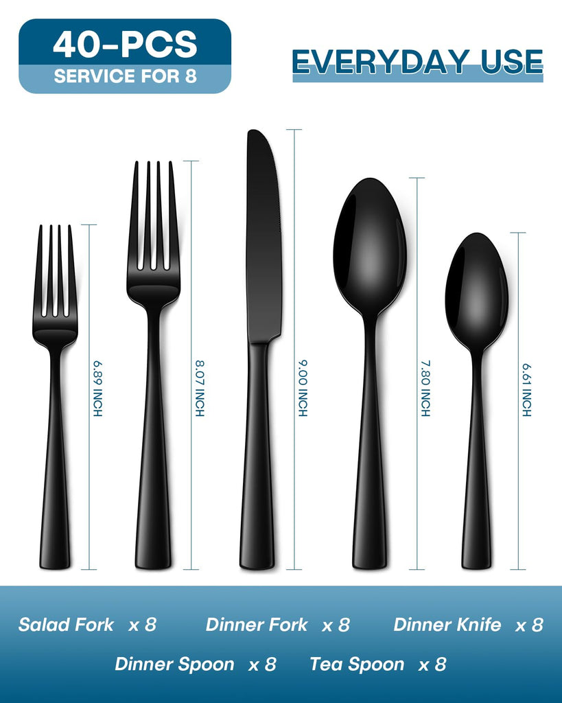 40 Pcs Black Silverware Set, Food-Grade Stainless Steel Flatware Set for 8 Mirror Polished Cutlery Utensil Sets