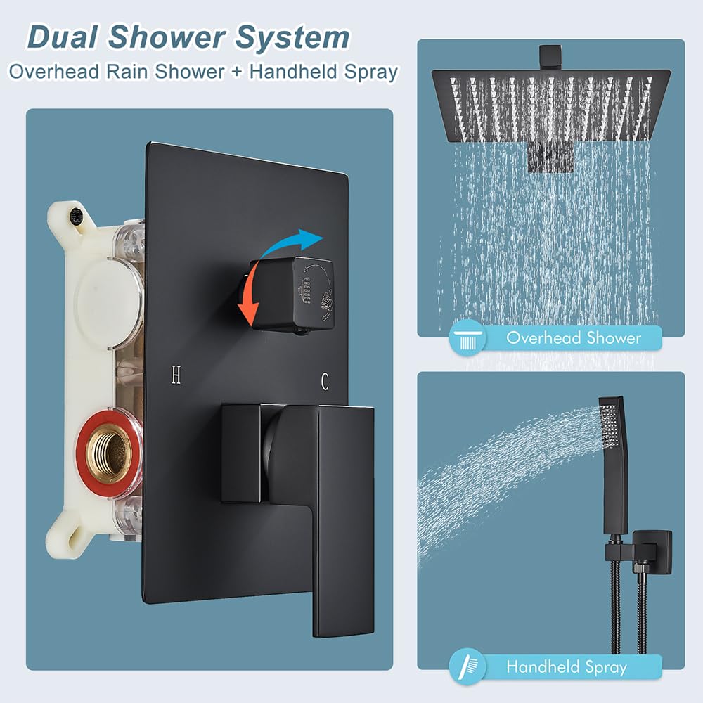 Black Shower System - 10" Rain Shower Head & Handheld Combo, Complete Shower Faucet Set with Rough-in Brass Valve &