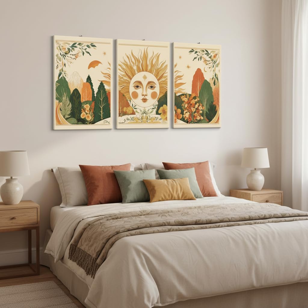 3Pcs Boho Sun Forest Canvas Wall Art, Boho Mountain Wall Decor