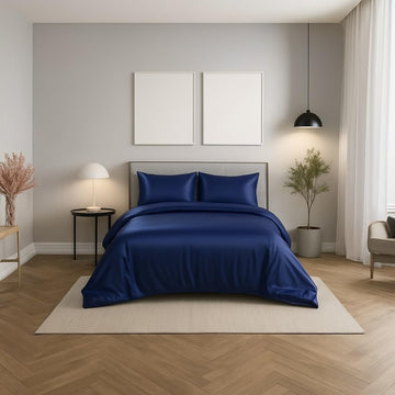 Navy Blue Color, Mulberry Silk 3-Piece Duvet Cover Set with Hidden Zipper Closure & Corner Ties, 100% Natural Silk