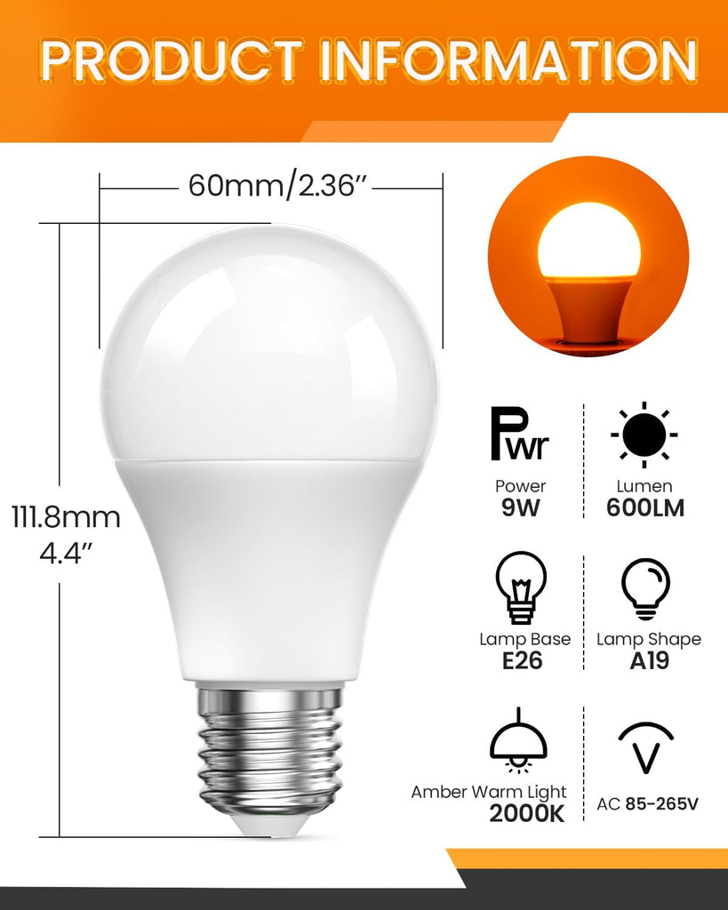 Amber Light Bulbs 2000K, A19 9W E26 LED Yellow Soft Warm Sleep Light Bulb Blue Light Blocking (60 Watt Equivalent)