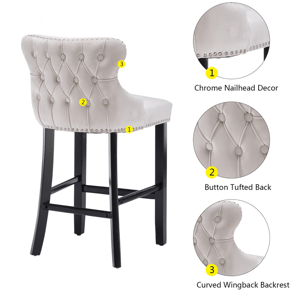 Velvet Wingback Bar Stools Set of 2, Upholstered Button Tufted Counter Height Bar Stool Chairs with Solid Wood Legs