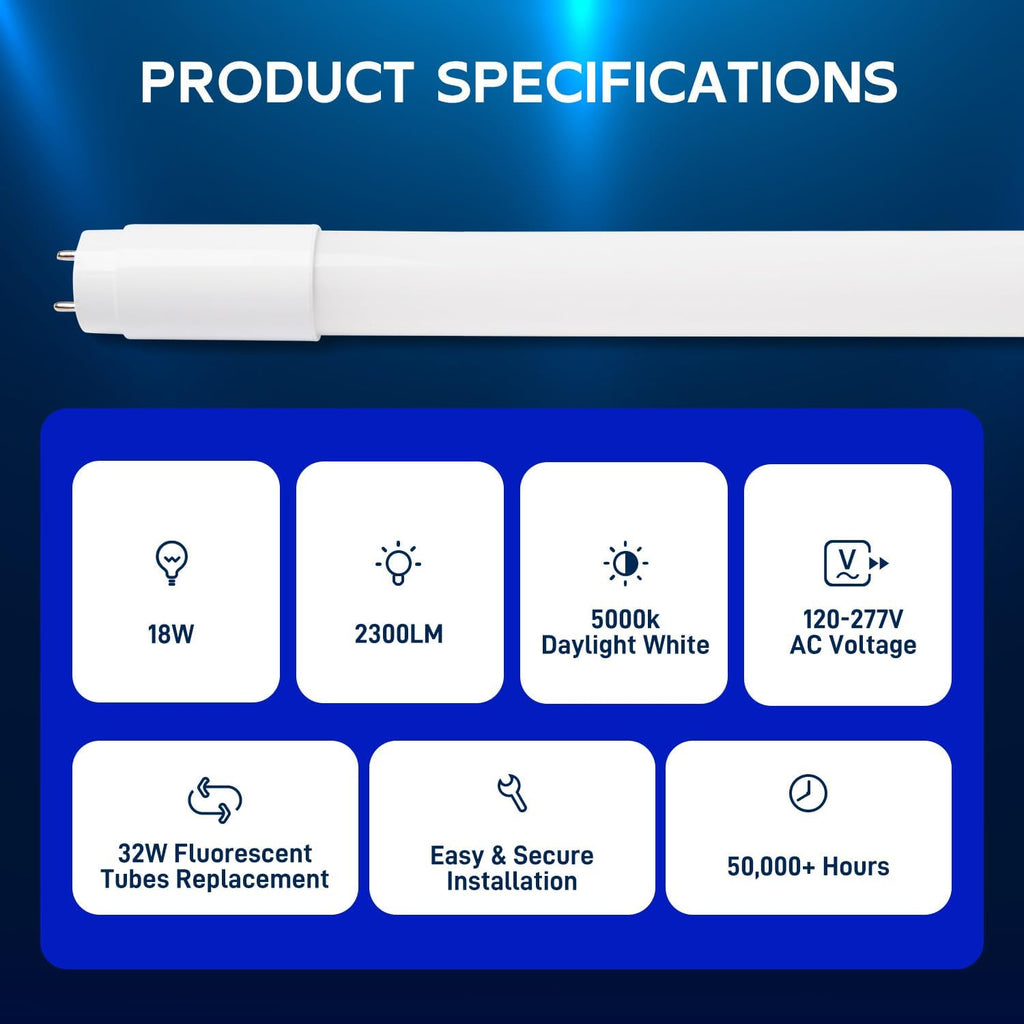 20 Pack 4FT LED T8 Hybrid Type A+B Light Tube, 5000K, 18W, 2300LM
