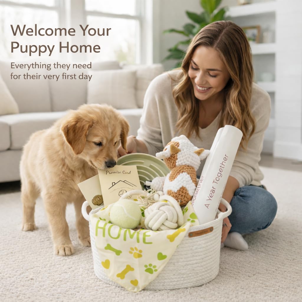 Puppy Welcome Home Gift Box - New Puppy Gift Basket with Toys, Slow Feeder & Milestone Card, Perfect Puppy Starter