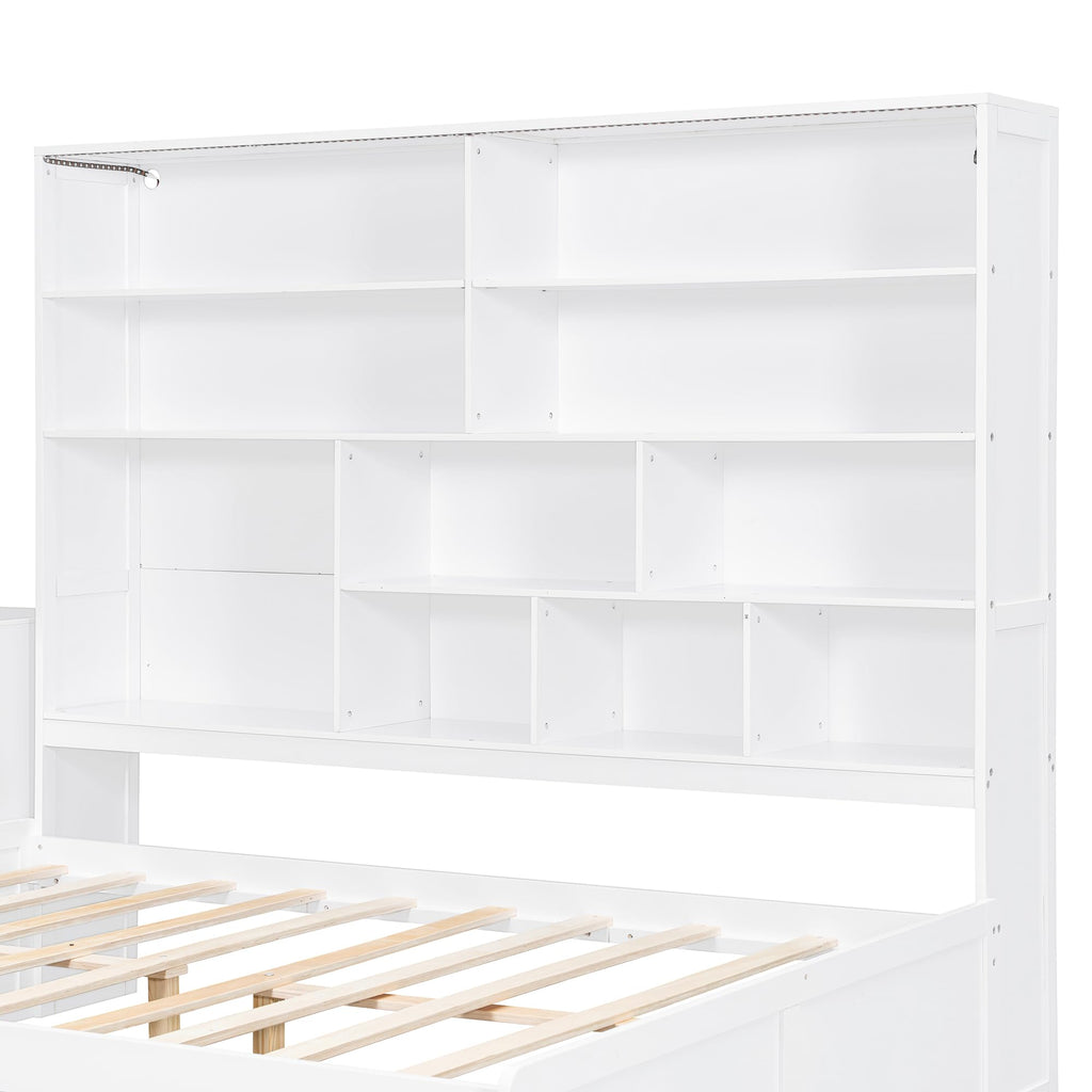 Full Size Wooden Daybed with Desk, Shelves and Lights (White/L, Full)