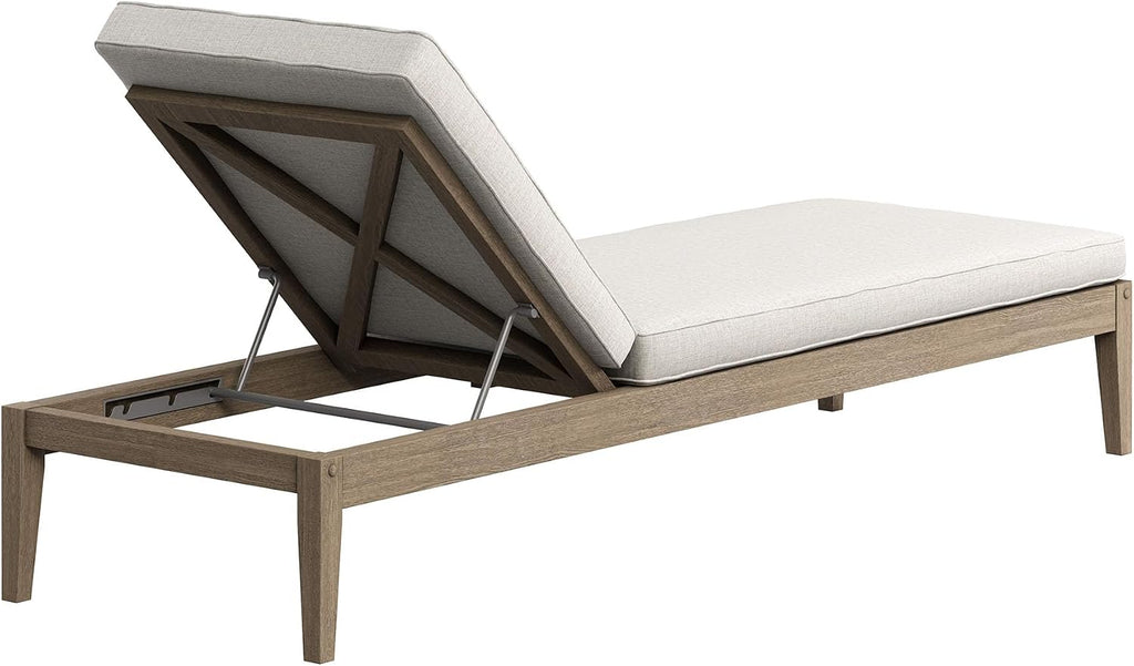Teak Outdoor Chaise Lounge Chair in Weathered Gray Pebble - Adjustable Wood Poolside Recliner