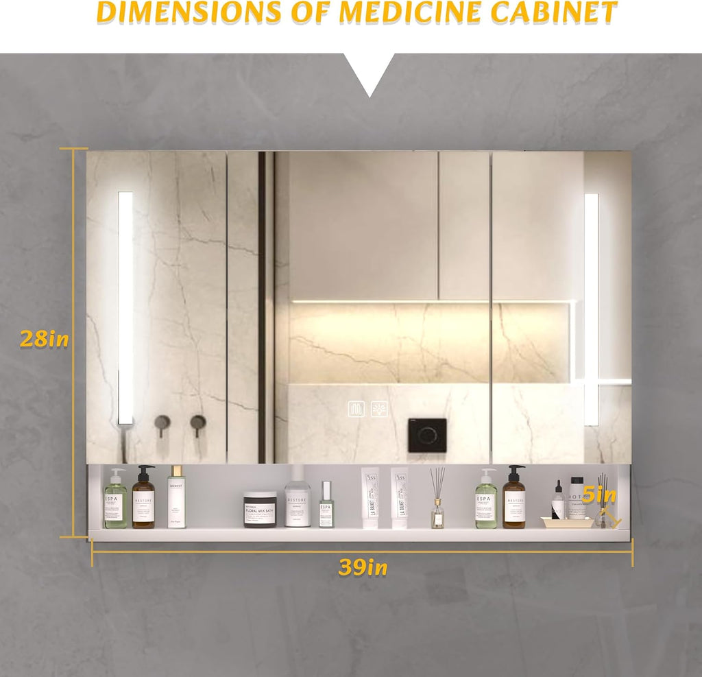 LED Medicine Cabinet with Mirror, 3-Color Dimmable Lighting & Anti-Fog, 2-Tier Hidden Storage + Open Shelf, Aluminum