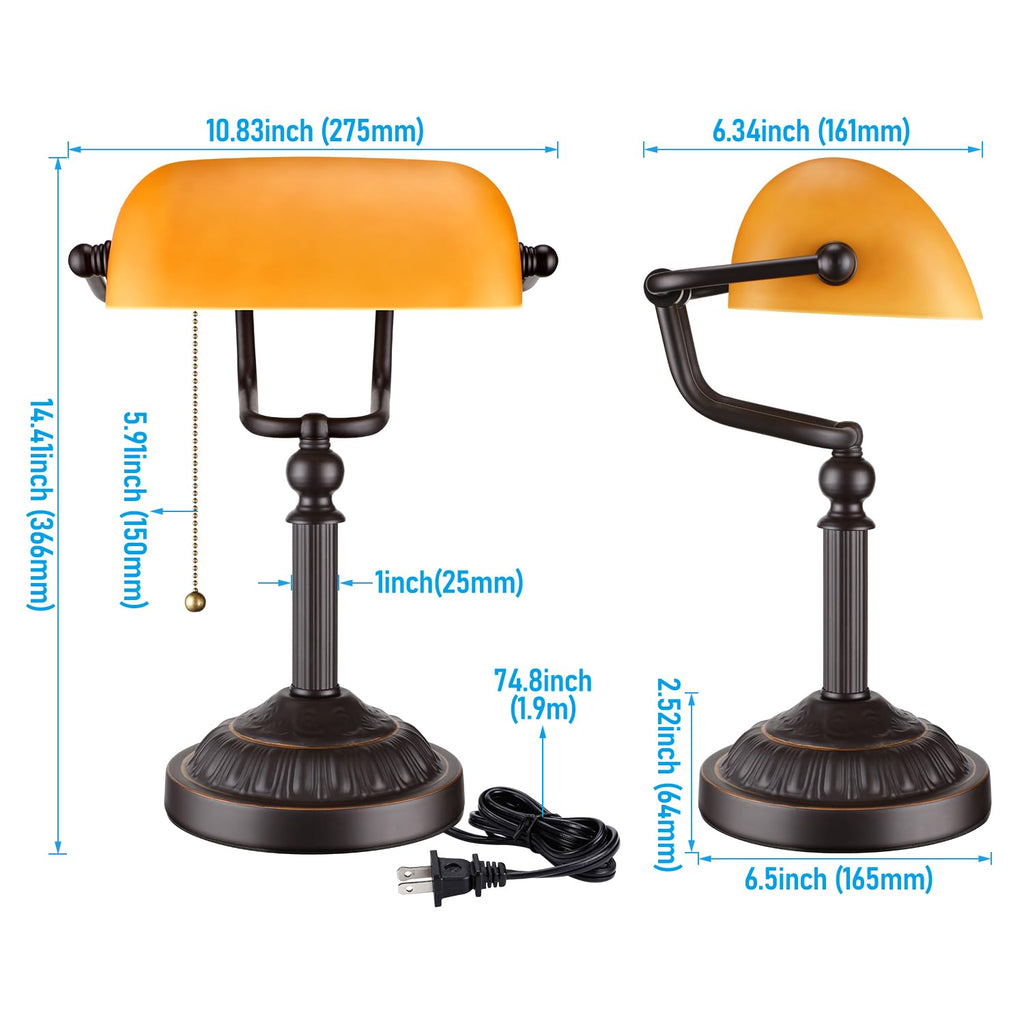 Amber Glass Bankers Desk Lamp with Pull Chain, E26 Base