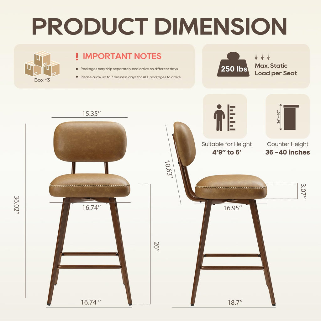 26" PU Leather Swivel Bar Stools Set of 6, Mid Century Counter Height Bar Chairs with Low Back and Metal Legs, Modern