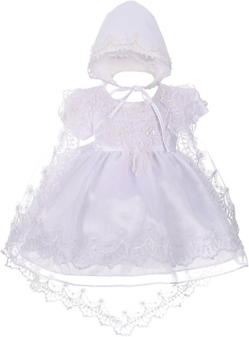 Baby Girls' Beaded Scalloped Embroideries Baptism Christening Gown White Dress with Lace Cape and Bonnet