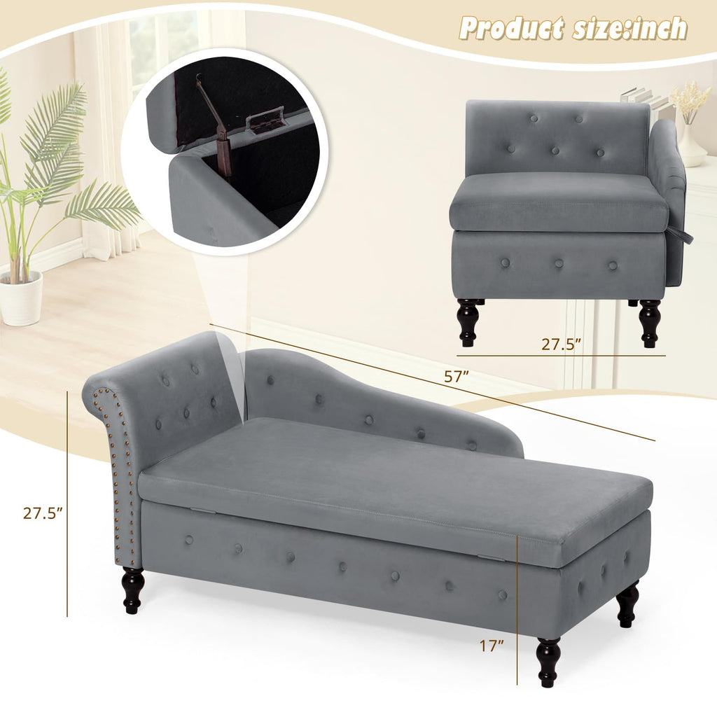 Velvet Chaise Lounge w/Left Armrest & Storage Space, Grey