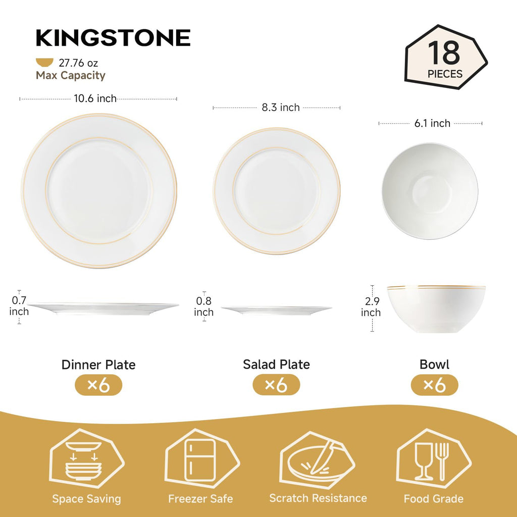 18Pcs Gold Trim White Bone China Set, Service for 6
