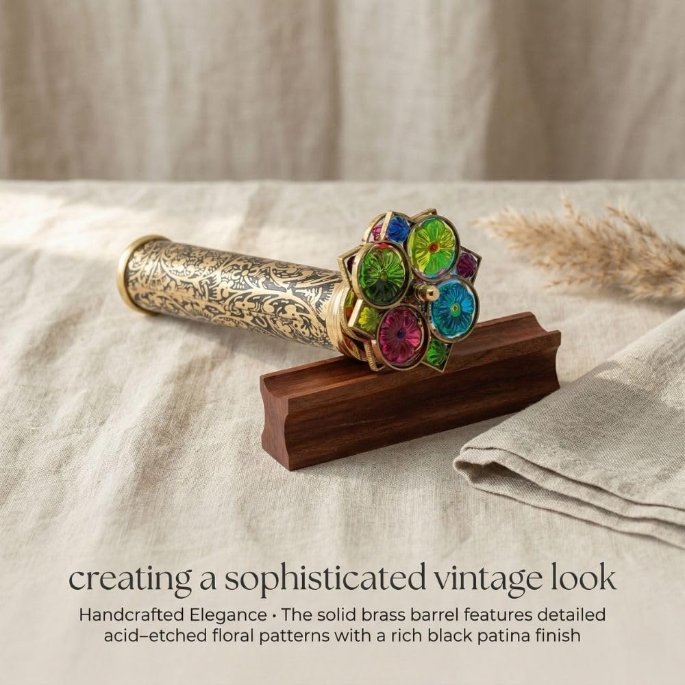 Handmade Giant Trigon Flower Brass Kaleidoscope - Stunning Visual Display with Hardwood Base - Unique Gift