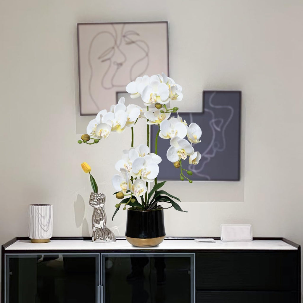 Artificial Orchid Flowers in Ceramic Vase 19.5 Inch Realistic Faux Orchids - Set of 4