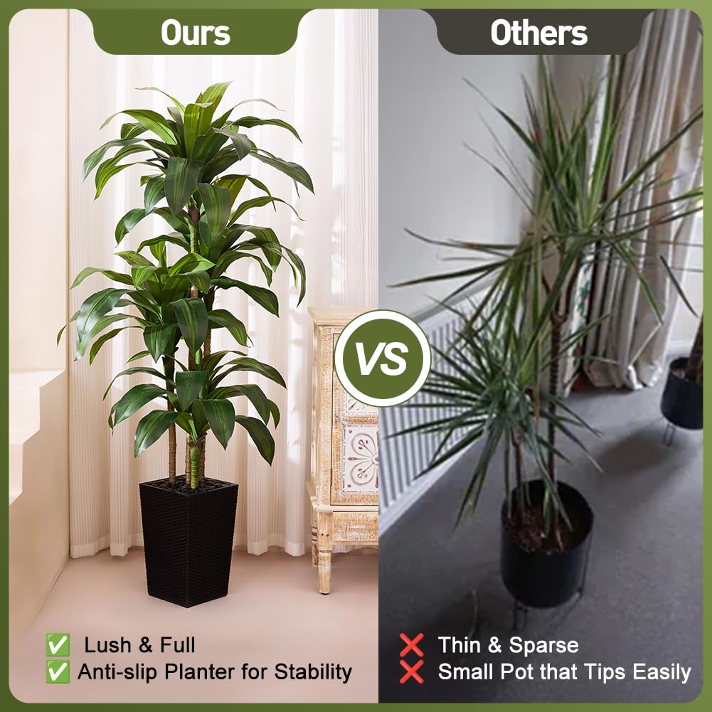 Artificial Dracaena Tree 6FT - Fake Tree with Black Taper Planter & Pebbles - UV Resistant Faux Yucca Tropical Plant