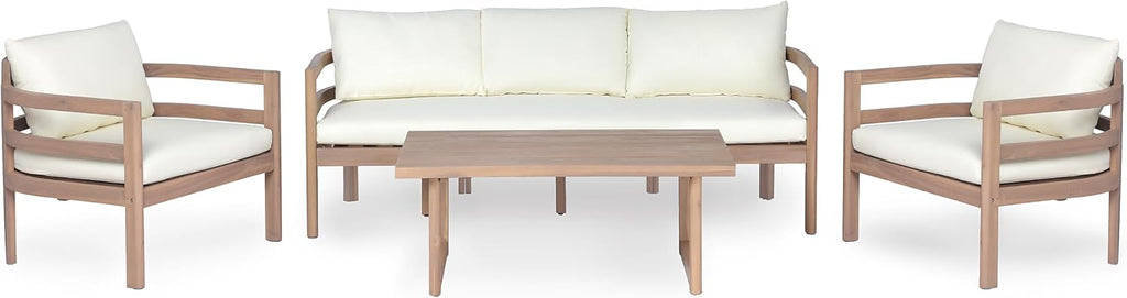 Alger 5-Seater Patio Furniture Set with Removable Cushion, 4 Piece Outdoor Acacia Wood Conversation Set, Wooden