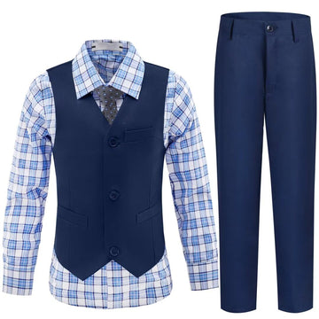 Toddler Suit Boys Baptism Christening Outfit Kids Navy Suit Vest Pants Set Plaid Dress Shirt