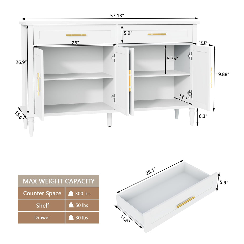 58 Inch Sideboard Buffet Cabinet with Storage, Fluted Buffet Storage Cabinet with 2 Drawers and 4 Doors, Modern