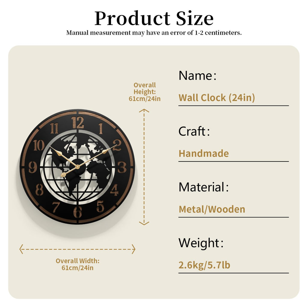 Large World Map Wall Clock, 24" Wooden Minimalist Modern Clock