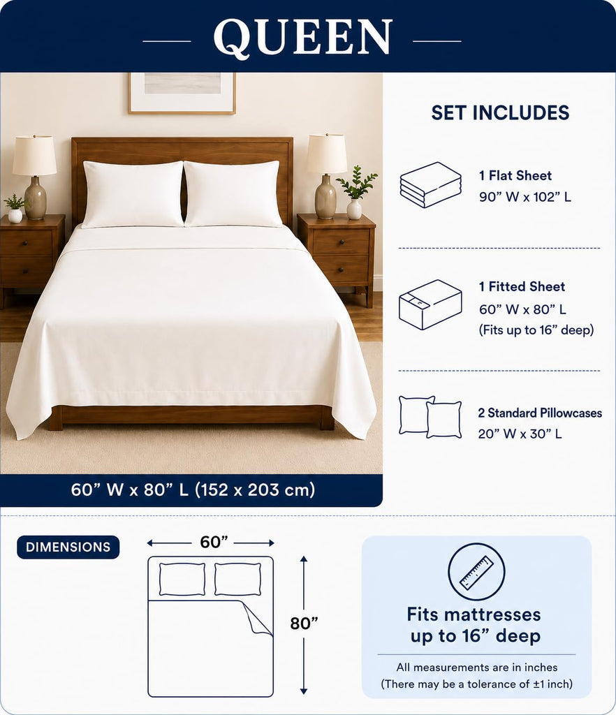 Egyptian Cotton Sheet Set | Queen Size Sateen Sheets - 4 Piece Long Staple Cotton Bedding Set with Elasticized 15.5"
