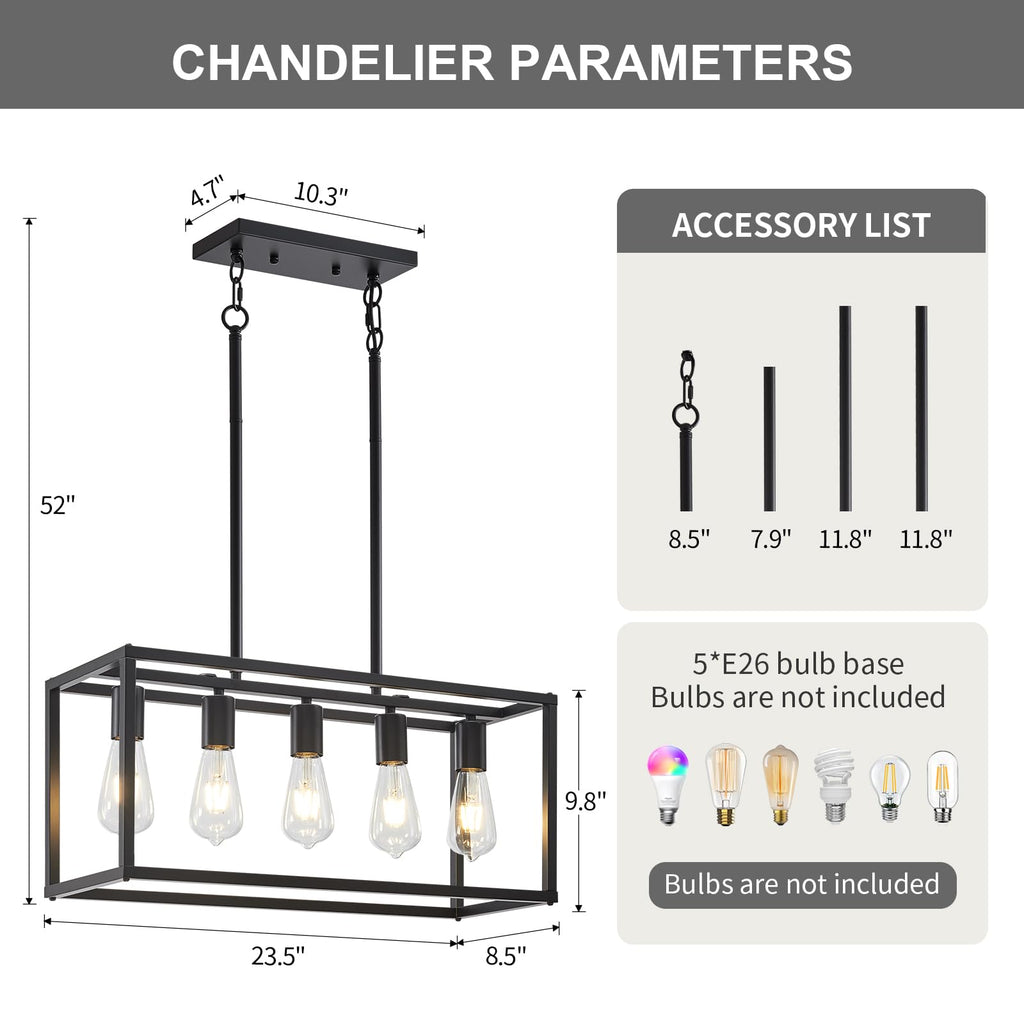 5-Light Kitchen Light Fixtures Black Farmhouse Chandelier Rectangular Dining Room Light Fixture Linear Pendant