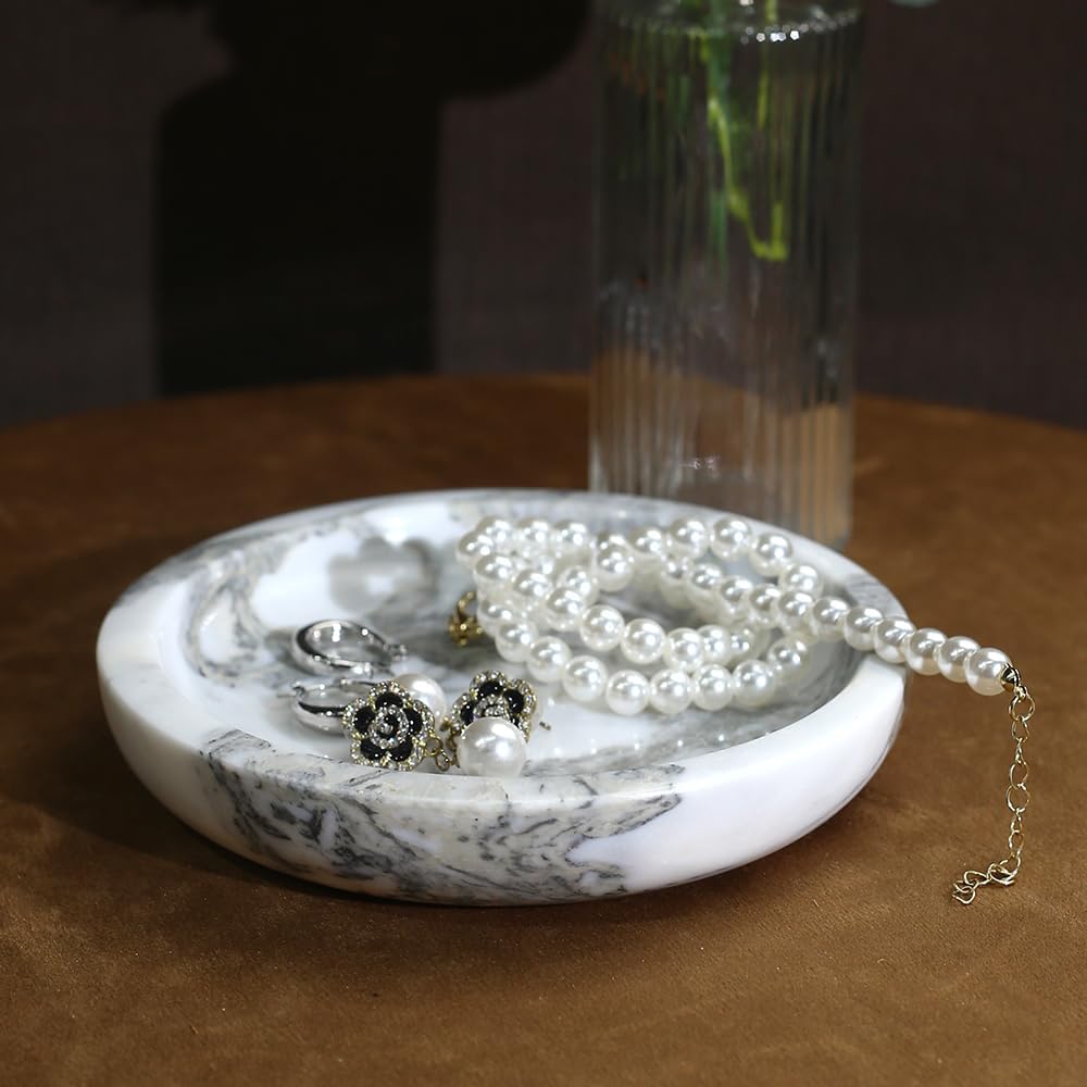 5.5" Marble Jewelry Tray for Vanity, Trinket Dish for Rings Earrings Necklace Keys, Natural Marble Decorative Tray