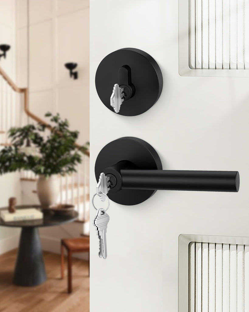 Black Front Door Handle and Deadbolt Set, Exterior Door Lock Set