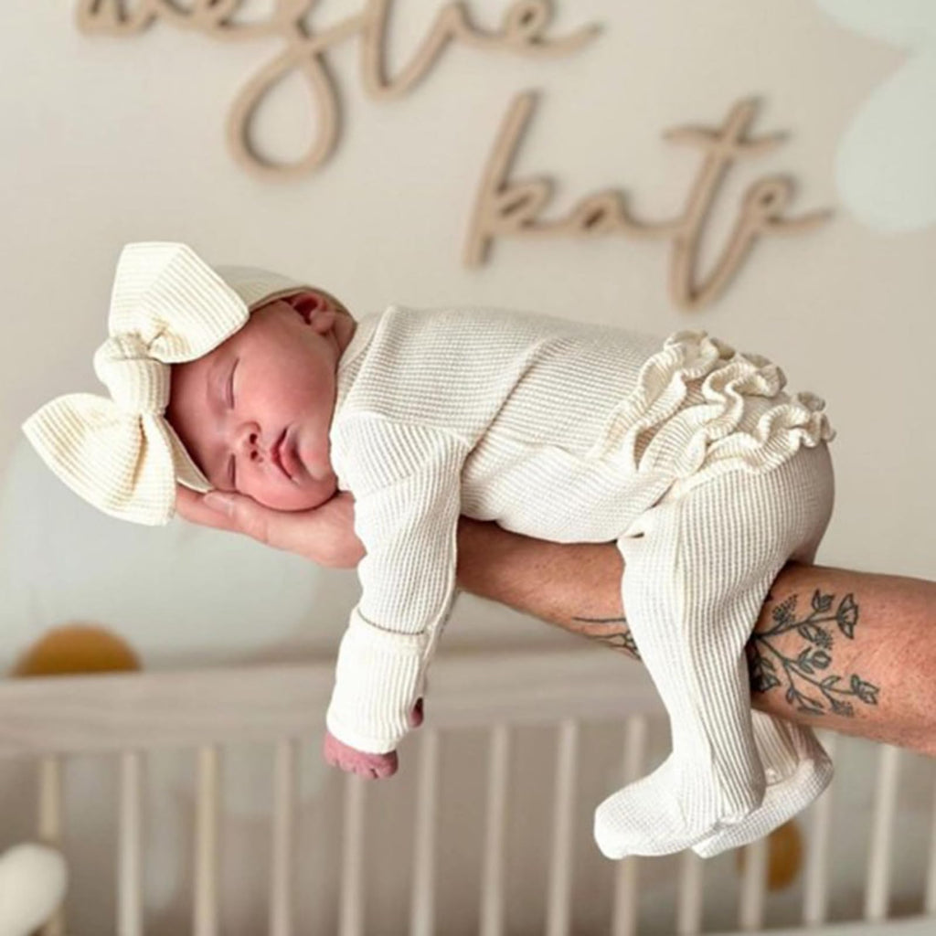 Newborn Baby Girl Clothes Long Sleeve Solid Color Romper Jumpsuits with Headband Infant Coming Home Outfit (Creamy