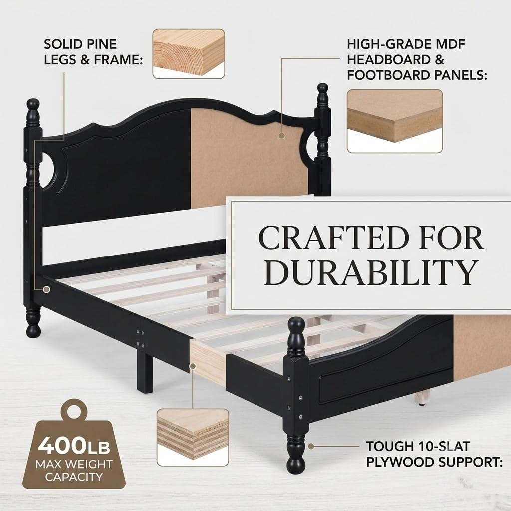 Vintage Wooden Platform Bed Frame with Spindle Headboard (Black)