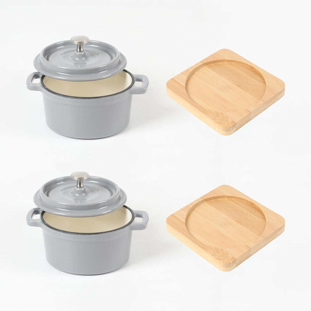 Enameled Cast Iron Mini Dutch Oven Cocotte Saucepan with Lid 270ml/9.13oz/1.08cups Gray Set of 2