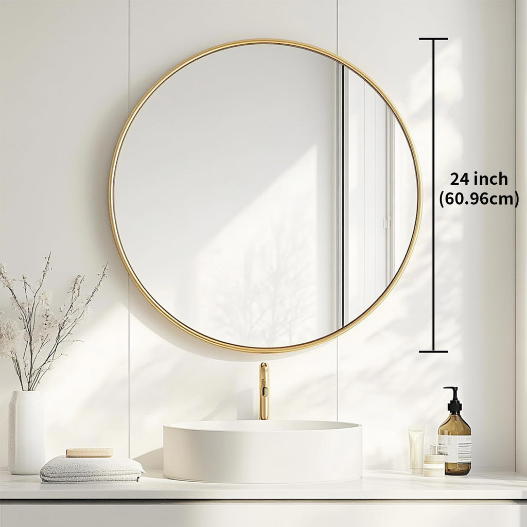 Round Mirror, 24 inch Glold Circle Mirror, Bruhsed Gold Metal Frame