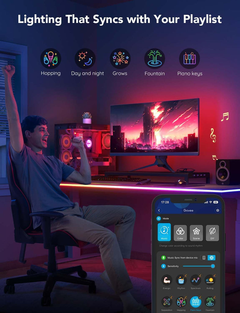 LED Neon Rope Lights, 10ft Gaming Lights for Gaming Desks | LED Strip Lights Syncing with Razer Chroma, Support