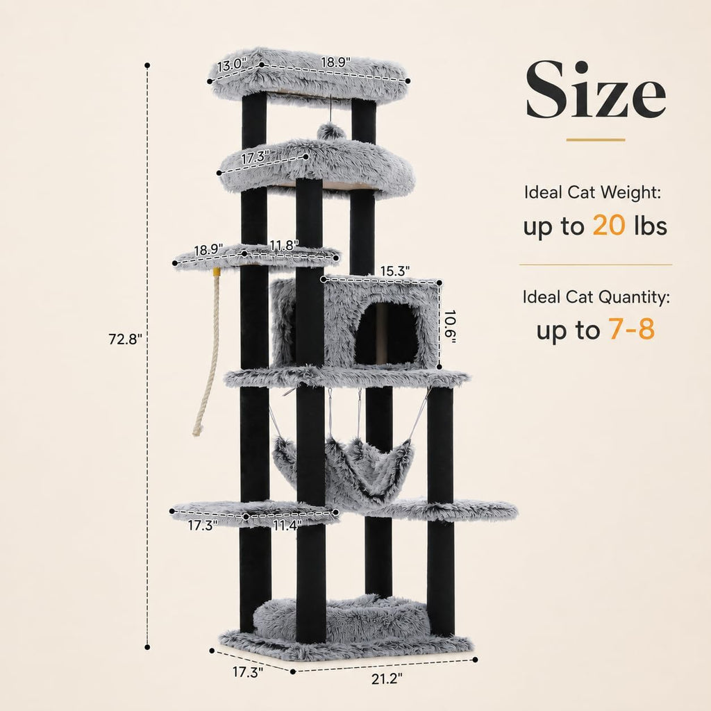 73in Heavy Duty Cat Tree Tower for Large Cats, Soft Long Plush