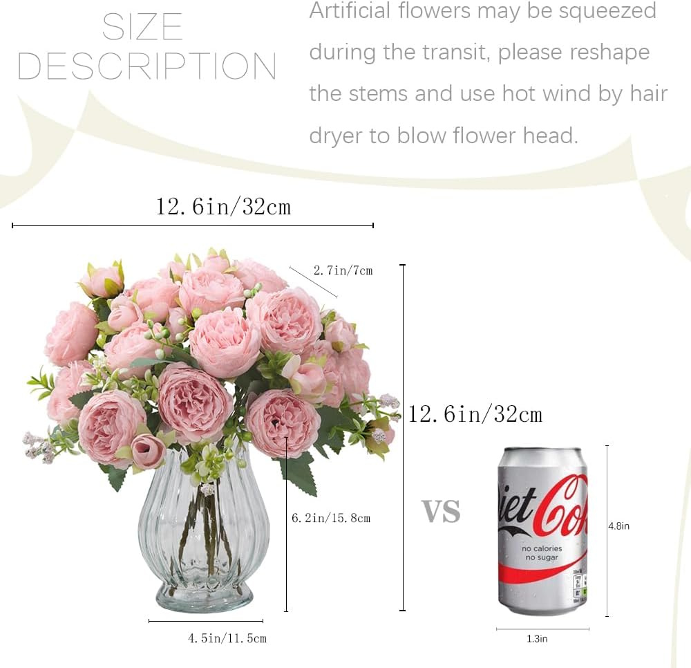 Artificial Peonies Silk Flowers in Glass Vase Faux Flowers Bouquets Modern Penoy Arrangement 4 Pack Decoration Table - Set of 4